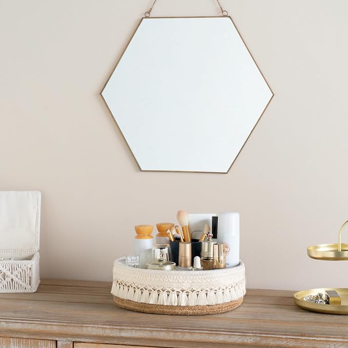 Mkono Makeup Perfume Organizer, Boho Decor Macrame Storage Basket | Dorm Bedroom Decor, Hand-Woven Small Basket, Decorative Skincare Cosmetics Holder, Vanity Dresser Bathroom Office