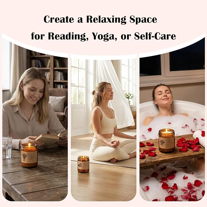 Soy Candles Set of 4, 9oz Natural Soy Wax Aromatherapy Candles, Home Scented Candles with 4 Scents (Lavender, Amber Sandalwood, White Sage, Coconut Vanilla), Gifts for Mom, Women, Relaxation, Yoga