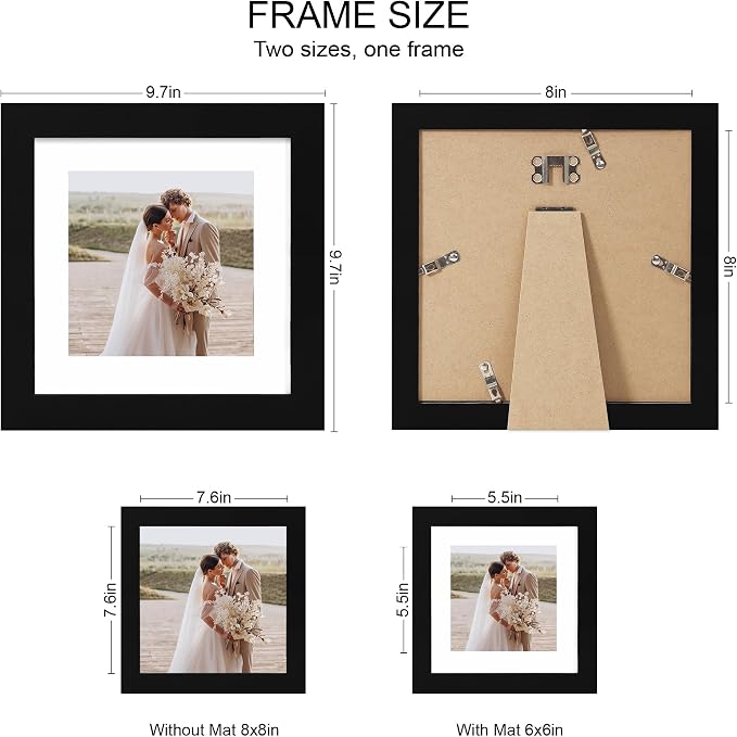 Hongkee 8x8 Picture Frames Set of 4, Made of Real Glass and Black Wooden Frame - Display Picture 6x6 with Mat or 8 x 8 Without Mat, 8 by 8 Photo for Wall or Tabletop