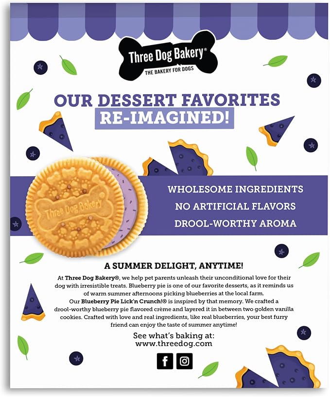 Three Dog Bakery Lick'n Crunch! Dog Treats - 13 oz | Blueberry Pie Sandwich Cookies - Crunchy Treats with Vanilla & Blueberry Pie Creme