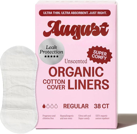 August Organic Panty Liners for Women, Made with Organic Cotton, 38 Daily Liners for Women, Toxin & Fragrance Free, Hypoallergenic Cotton