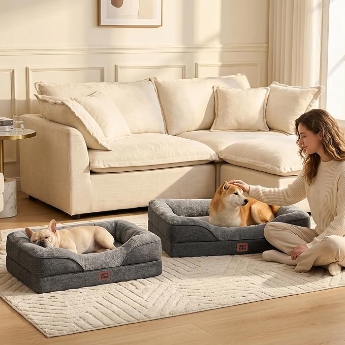 EHEYCIGA Orthopedic Dog Bed for Medium Dog, Memory Foam Dog Couch, Grey | 35x22 Inch Dog Sofa with Sides, Waterproof Liner & Washable Removable Cover, Bolster Pet Couch