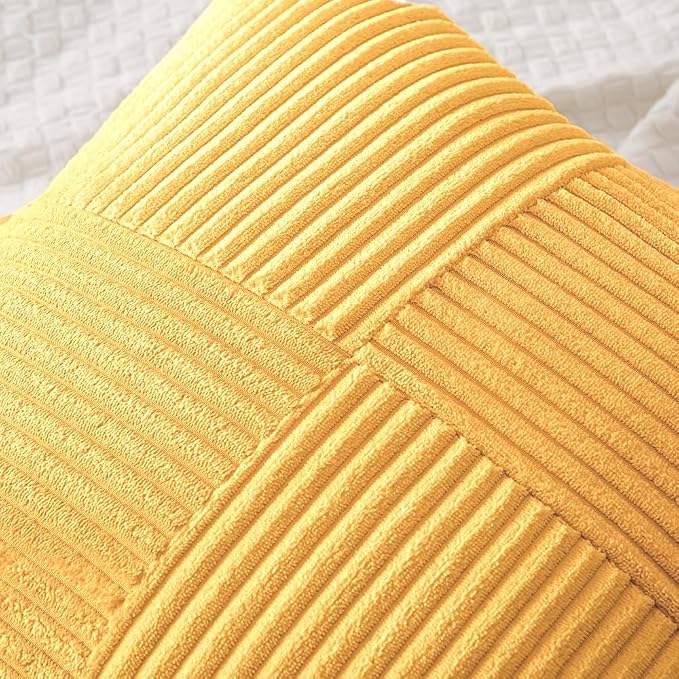 MIULEE Yellow Decorative Throw Pillow Covers for Couch 18x18 Inch | 2 Pack, Boho Farmhouse Pillow Covers, Soft Cross Corduroy Patchwork Textured Cushion Cases For Bed Sofa