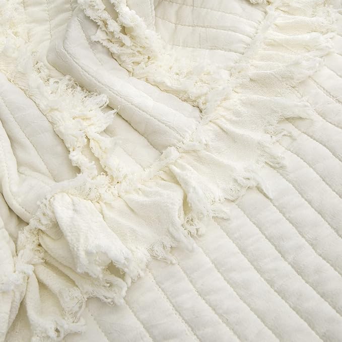 Ultra Soft Pre-Washed Quilted Boho Cream Queen Size Blankets for Bed, Ruffle Fringed Decorative Throw, Stone Washed Chic Rustic Blanket for Sofa Couch Bed, 90"*90"