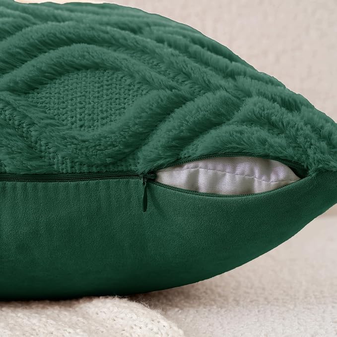 MIULEE Dark Green Soft Plush Faux Wool Lumbar Throw Pillow Covers 12x20 | Set of 2, Farmhouse Boho Home Decor, Decorative Cushion Covers for Sofa, Living Room, Bed