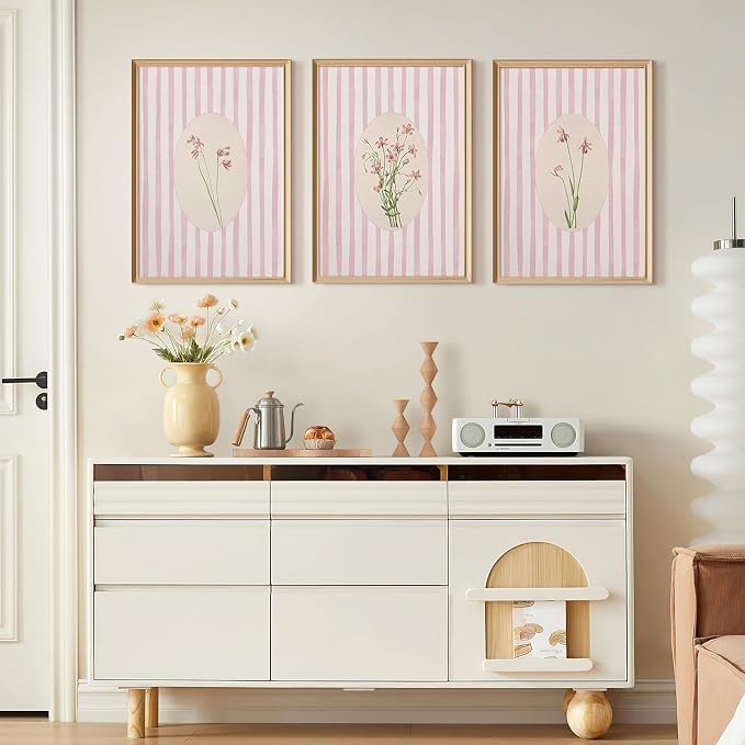 Youillne Pink Flower Wall Art Striped Floral Prints Botanical Canvas Wall Decor Aesthetic Pictures Pastel Pink Floral Poster Minimalist Flower Painting for Girl Room 12x16 Inch Unframed Set of 3