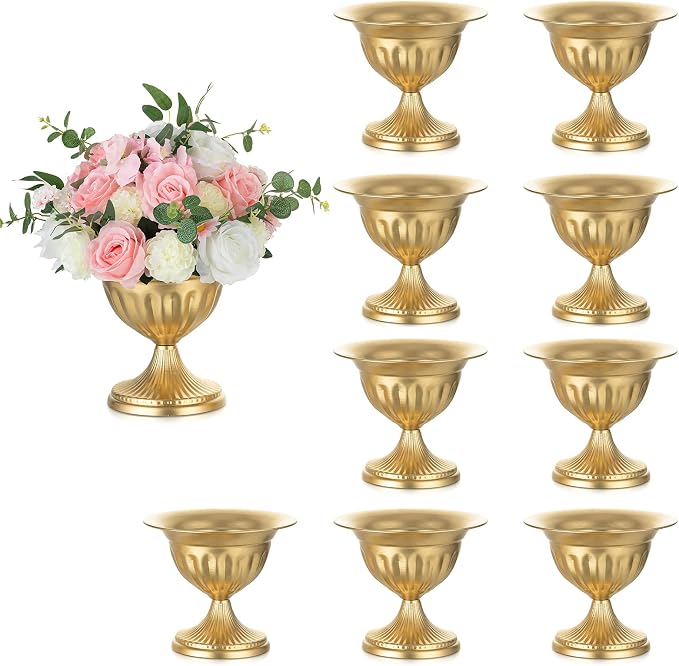 Sziqiqi Gold Metal Urn Compote Vase, Flower Weddings Centerpieces, 10Pcs | 10.6in Tall, Golden Floral Centerpiece Pedestal Bowl Vases, Flower Arrangements for Wedding, Party, Birthday, Event