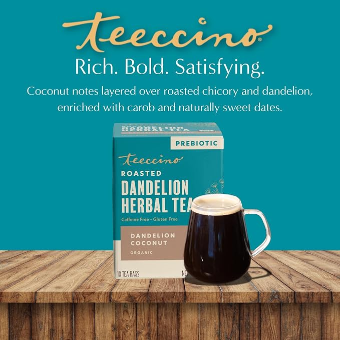 Teeccino Dandelion Coconut Tea - 10 Tea Bags - Caffeine Free, Roasted Herbal Tea with Prebiotics, 3x More Herbs than Regular Tea Bags, Gluten Free