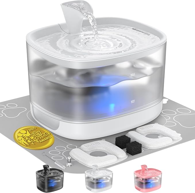 Veken 85oz/2.5L Cat Water Fountain with Detachable Tank for Cat, Dog, White | Easy to Clean & Assemble, Pet Drinking Dispenser with Quiet Operation & LED Light, Small Pets