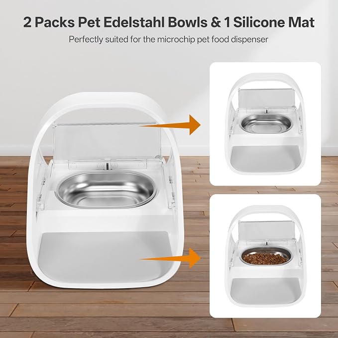 Stainless Steel Bowl for Automatic Microchip Cat Pet Feeder, Design for Keeping Food Fresh and Reducing Odor, 2 Pcs+1 Grey Mat