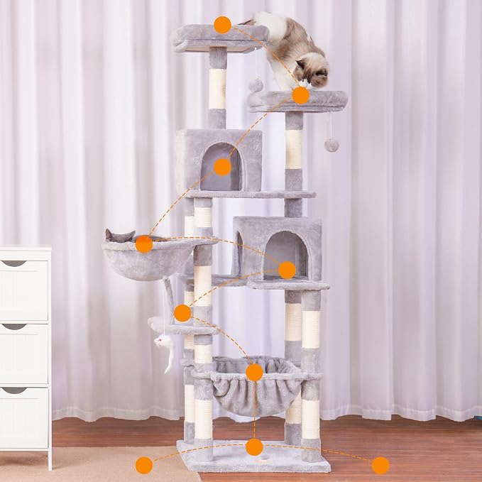 Heybly Cat Tree, 70 inches Tall Cat Tower for Indoor Large Cats HCT032W | Big Cat Condo with Toy , Cat House Furniture with Padded Plush Perch, Cozy Hammock and Sisal Scratching Posts, Light Gray