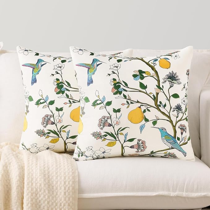 MUSSEL Ivory White Velvet Floral Decorative 16x16 Pillow Covers Set of 2 | Soft Durable and Sturdy,Bird Plant,Throw Pillows Case,Square,Colorful Modern Cushion Covers,Home Sofa Bed Couch Decor