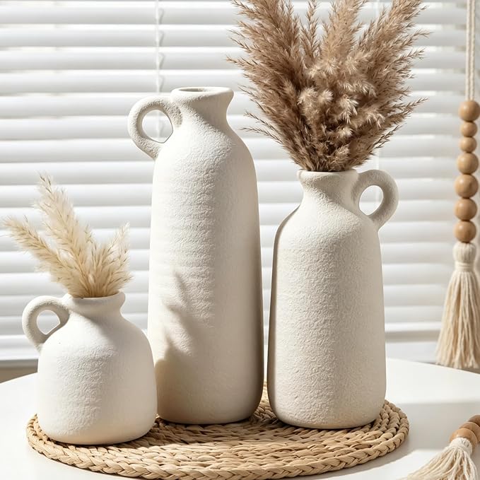 White Ceramic Vase Set of 3 with Handle, Waterproof Vases for Pampas Grass | Farmhouse Vases Home Decor for Dried Flowers, Flower Vase for Table Living Room Home Decor