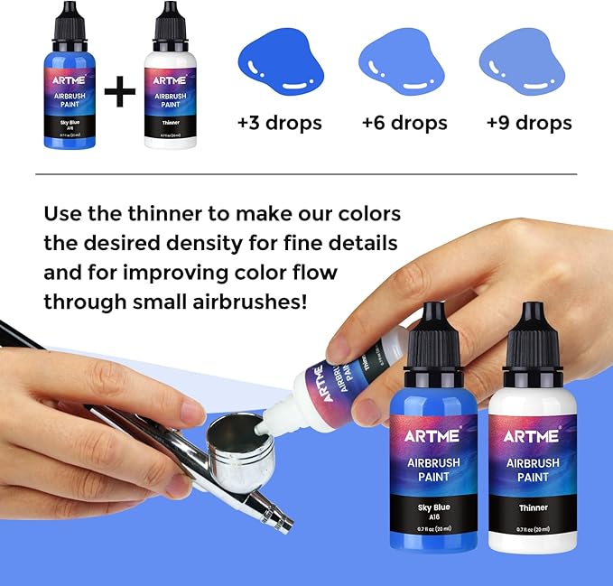 Airbrush Paint, ARTME 42 Colors with 3 Thinner, Ready to Spray, Opaque & Water Based Acrylic Airbrush Paint Set Including Metallic & Neon Colors, Premium Air brush Paints for Metal, Models, Plastic, Canvas, and Wood