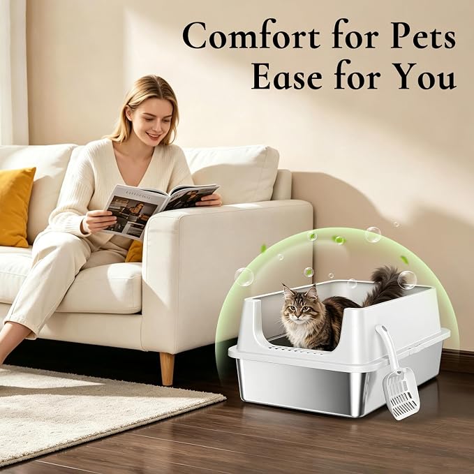 XL Open Top Stainless Steel Litter Box with High Sides, Gray | Extra Large Metal Cat Litter Pan , XL Litter Box, Non-Stick Easy Clean Anti-Leak Kitty Litter Pan, Odor Control, Open Top