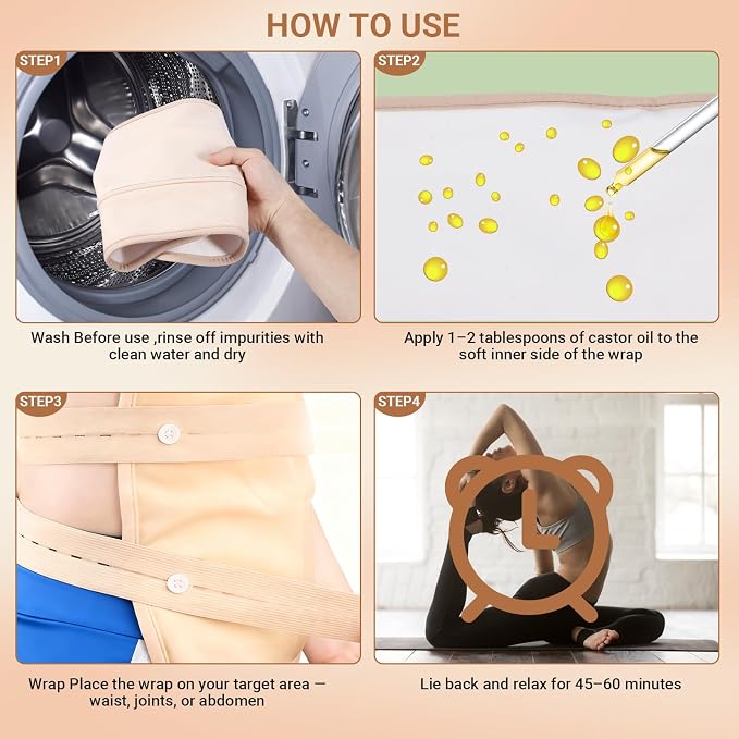 9 Pcs Castor Oil Pack Wrap Organic Cotton for Liver Detox, Stomach, Neck & Breast, Knee, Foot & Entire Body, Reusable Compress Castor Oil Pads Kit with Adjustable Elastic Strap, Anti Oil Leak