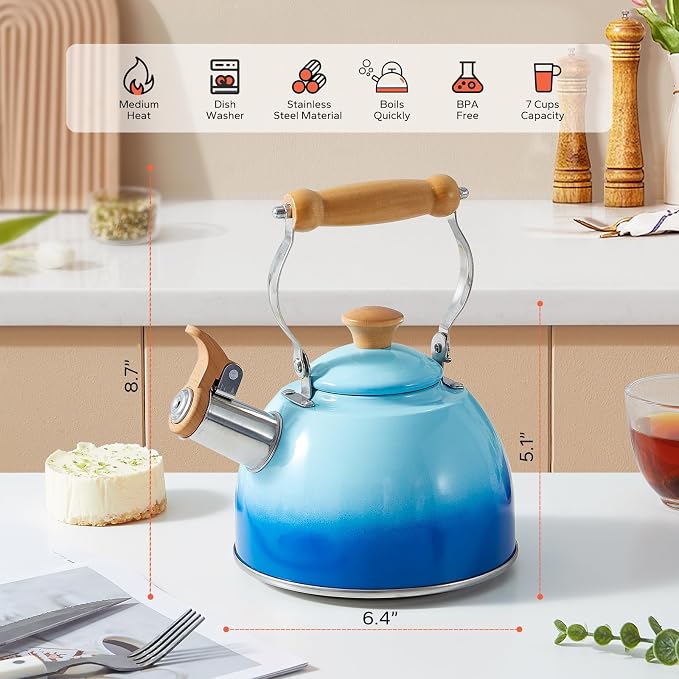ROCKURWOK Tea Kettle, Tea Pot with Cool Touch Ergonomic Handle, Teapot Food Grade Stainless Steel, Tea Kettle Stovetop, Kettle Teapot, Whistling Tea Kettle, Small Tea Pot, 1.6 Quart (Blue)