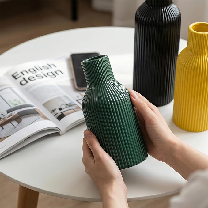 Colorful Ceramic Vases Set of 3,Smooth Vertical Ribbed, Minimalist for Pampas Dried & Fresh Flowers, Centerpiece for Living Room, Shelf, Entryway, Wedding (Black, Deep Green,Yellow)