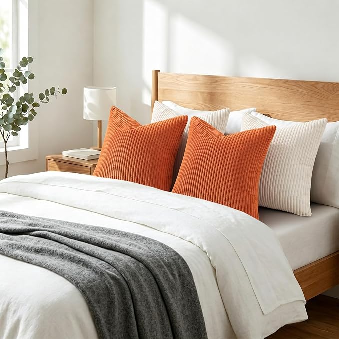 Mecatny Corduroy Fall Throw Pillow Covers 26x26 Set of 2 Burnt Orange | Soft Striped Texture, Hidden Zipper Design, Neutral Boho Square Pillow Cases for Sofa Couch Living Room Bedroom, Home Décor