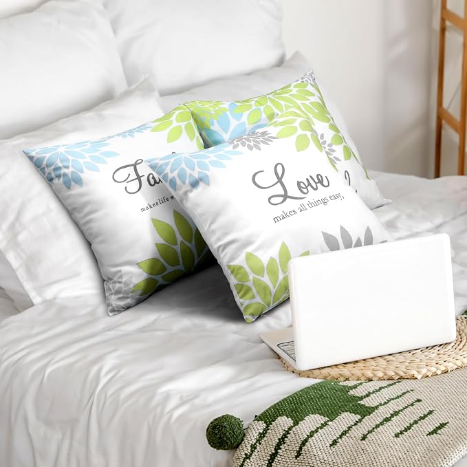 Tatuo 4 Pcs Flower Pillow Covers Square Summer Pillow Cushion Cases 18 x 18 Inch Family Faith Hope Love Words Decorative Spring Winter Cushion Case for Bed Couch Sofa Living Room(Green Series)