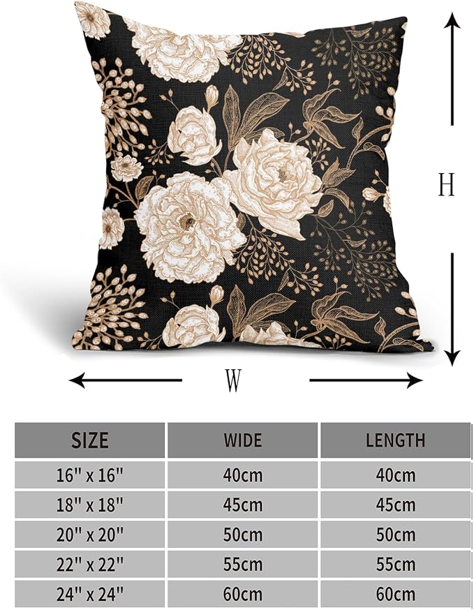 Vintage Peony Roses Floral Plant Pillow Covers 22X22 Inch Set of 2 Chinoiserie White Flower Leaves Decorative Pillow Cases Black Gold Cushion Case Vintage Home Decor for Sofa Couch Outdoor