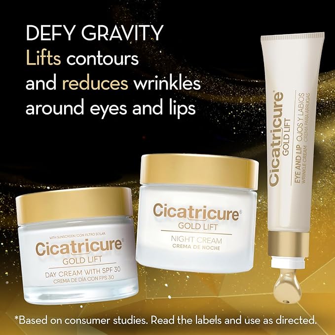 CICATRICURE Gold Lift Anti Gravitational Wrinkles Skin Care Gift Set with Day Anti-Wrinkle Cream + SPF 30, Night Anti-Wrinkle Cream & Dual Contour Eye and Lip Wrinkle Cream, 3 Pack