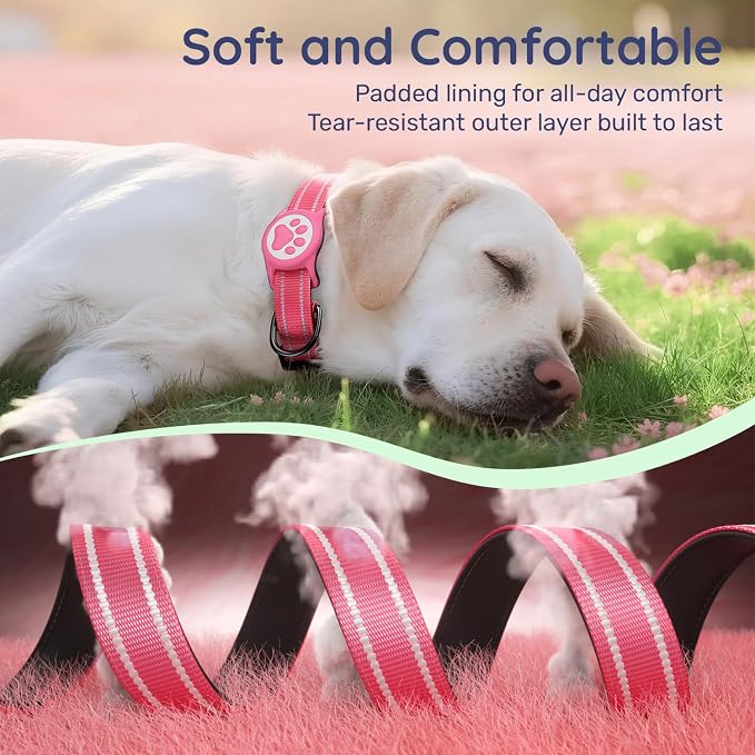 Premium Airtag Dog Collar，with IP68 Waterproof AirTag Holder,Hotpink,S | Soft,Breathable,Nylon Padded,Reflective,Ultra-Durable Buckle,Adjustable,Comfortable for Small Medium Large Dogs