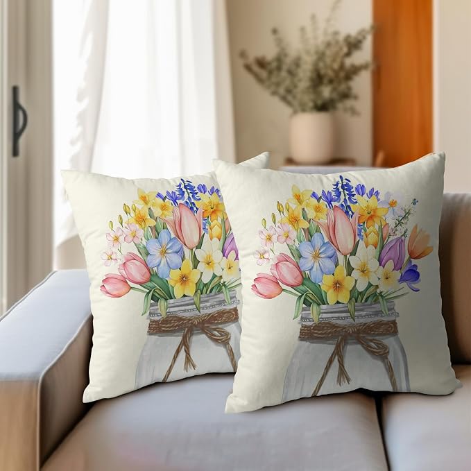 Kawani Spring Floral Throw Pillow Covers 22x22 Set of 2 Watercolor Colorful Tulip Flowers Jar Pillow Cases Cotton Linen Cushion Cover for Couch Sofa Easter Day Holiday Home Decor