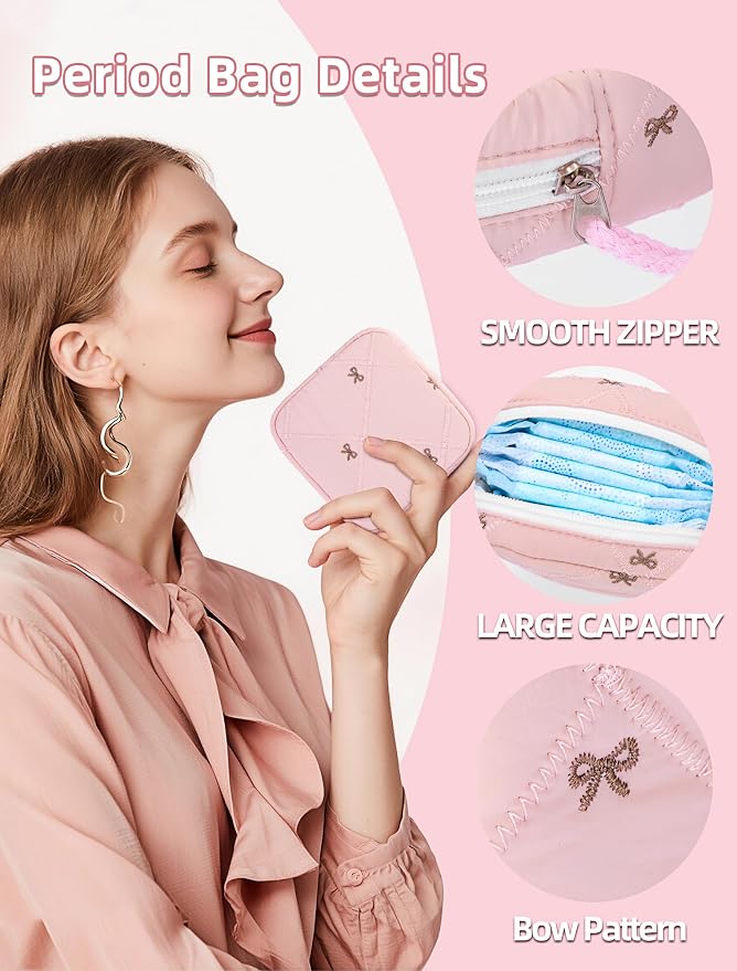 Period Bag for Girls, Quilted Period Pouch for Women, Sanitary Napkin Storage Bag Menstrual Pad Pouches Tampon Holder for Purse Pad Bag Gifts for Teen Girls(Pink)
