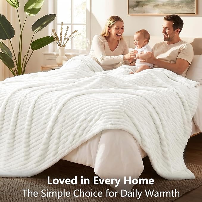 Off White Throw Blanket for Couch & Bed, 50 x 60 Inch | 300GSM Ribbed Fleece Blanket, Soft, Cozy & Lightweight, OEKO-TEX Certified, All-Season Use for Travel, Dorm & Home Decor