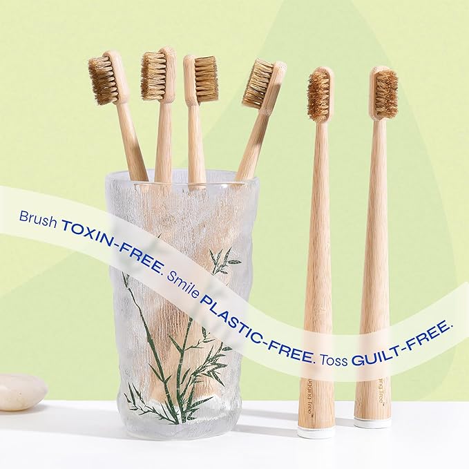 Hugging Tree Boar Bristle Bamboo Toothbrush, Made from Natural Boar Hair Bristles, Plastic-Free (Pack of 6)
