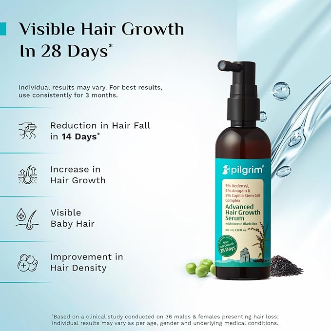 Pilgrim Advanced Hair Growth Serum with Redensyl 3%, Anagain 4% & Baicapil | Hair Fall Control & Regrowth | Korean Black Rice | For Men & Women, 3.38 Fl Oz (100ml)