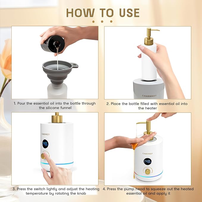 CHARMKEY Massage Oil Warmer White, 2 Oil Bottle Dispensers & 2 Silicone Funnels, Digital Heater for SPA, Oil Lotion Cream for Salon, Barber Shops, Home, Automatic Lotion Warmer