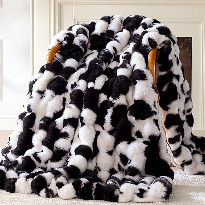 Anysay Faux Fur Throw Blanket, 1000GSM Fluffy Soft Bubble Blanket 60''*80'' | Cozy Plush Warm and Thick Blanket for Couch Bed, Fuzzy Rabbit Throw for Living Room Bedroom Cow Blcak
