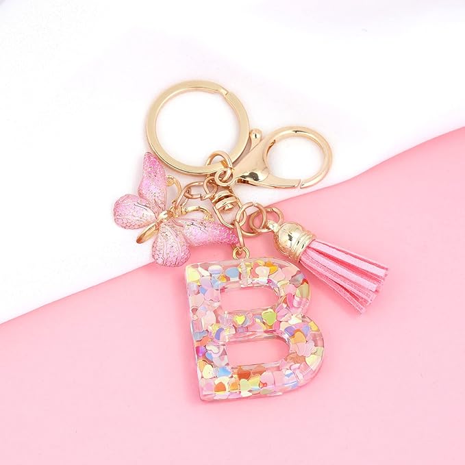 Fashion Alphabet Initial Letter Keychain Tassel Butterfly Pendant Key Ring for Purse Handbags Women Girl