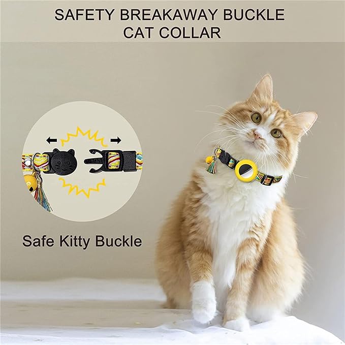 Cat Collar with AirTag Holder – Breakaway Lightweight Woven Cat Collar, Adjustable with Bell for Cats & Kittens (Blossom Charm)| Amazegoods
