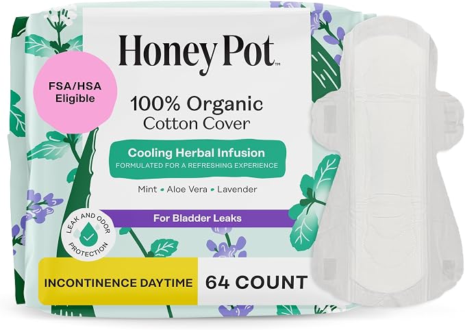 The Honey Pot Company - 64ct - Herbal Pads for Women - Organic Incontinence Daytime w/Wings. Infused w/Essential Oils for Cooling Effect & Postpartum Essentials - Feminine Care