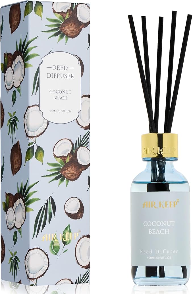Airkeep Reed Diffuser Set, 3.38 fl oz (100 ml) - Coconut Beach Oil Diffusers with 8 Reed Sticks, Home Fragrance Reed Diffuser for Bathroom Shelf Decor