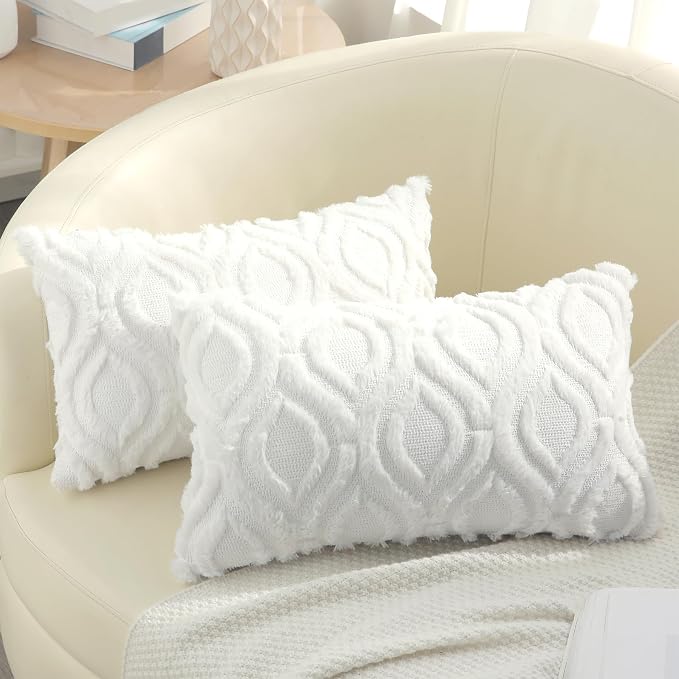 decorUhome Faux Fur Plush Soft White Throw Pillow Covers 12x20 Set of 2 | Wool Solid Fall Couch Pillow Covers, Accent Modern Farmhouse Neutral Decorative Square Pillow Cases for Sofa Bed Living Room