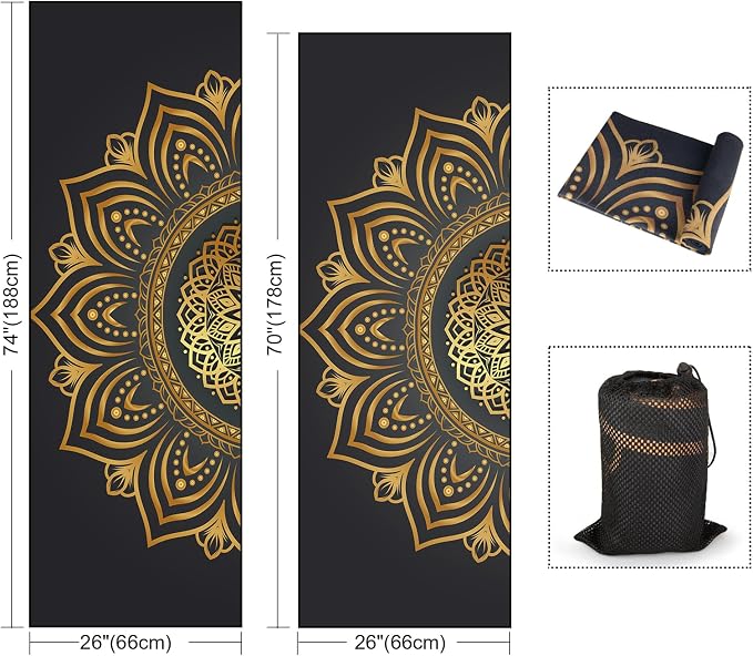 Colorful Star Yoga Towel with Corner Pockets, Non Slip Grip Dots Sweat Absorbent Hot Yoga Mat Towels, Soft Yoga Blankets with Travel Bag, Mat Cover for Workout, Gym, Fitness - 70"x26", Gold Mandala