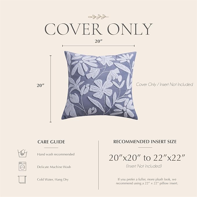 Decorative Throw Pillow Cover 20x20, Coastal Dusty Blue Velvet Accent Cushion Cover for Couch Sofa Living Room, Floral Tufted Square Pillowcase (Cover Only)