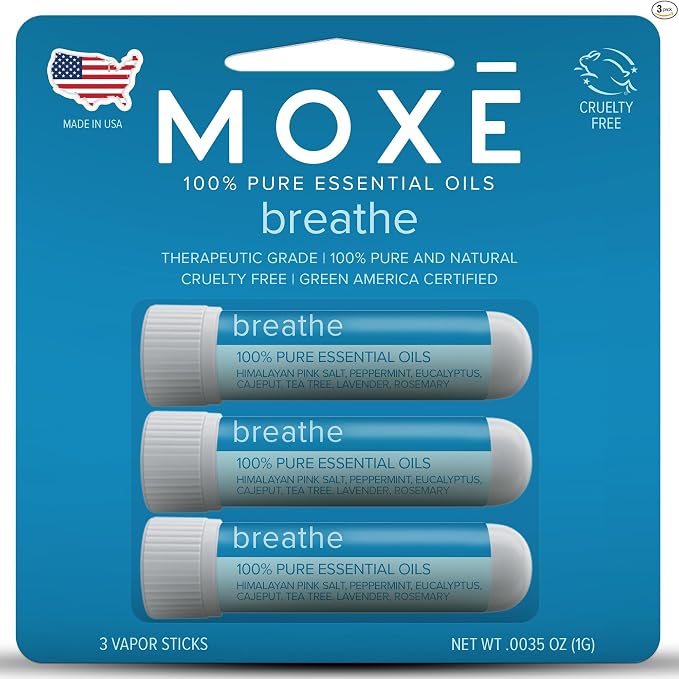 MOXE Breathe | Himalayan Salt Inhaler | Help Clear Congestion, Boost Focus and Improve Breathing | Natural Aromatherapy | Peppermint, Lavender and Tee Tree Essential Oil (6 Pack)