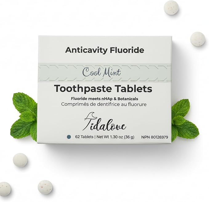 Tidalove Smile More Toothpaste Tablets with Fluoride & Hydroxyapatite (nHAp) – Vegan, Enamel Strengthening, Plastic-Free Paper Refill Pack, 62 Tablets, Cool Mint, 1 Month Supply, Travel-Friendly