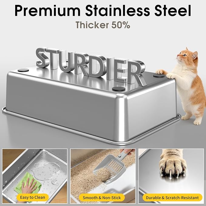 Enclosed Stainless Steel Litter Box with Lid for Most Adult Cats | 50% Thicker Metal, Dog Proof, Front & Top Entry, Leak-Proof Base, Scratch Resistant, Easy Clean