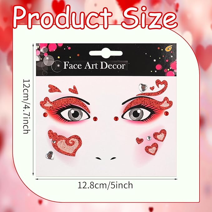 Valentine Face Gems Face Jewels Stickers Red Love Heart Lip Self Adhesive Eye Body Face Nail Hair Crystal Rhinestones for Makeup Festival Glitter Face Art Decor 2Sheets (style4)