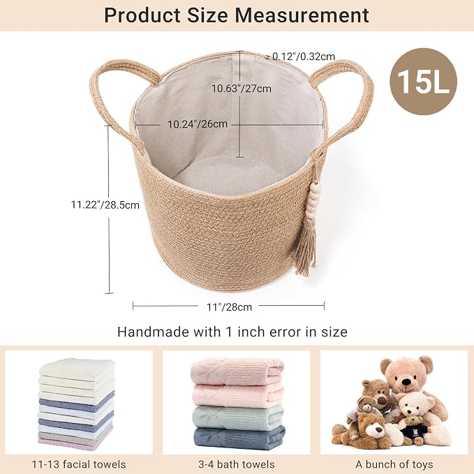 Mkono Woven Storage Basket for Blanket, Toys Plant Organizer, 11"W x 11"L | Brown, Jute, Decorative Basket with Handle, Wood Beads Tassel, Shoes Towel Clothes Storage Bin, Living Room Bedroom Nursery