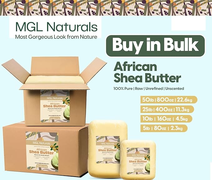 MGL Naturals Raw African Shea Butter Ivory 25 lb, 100% Pure and Unrefined. Nourish and moisturize skin and hair. Use alone or DIY recipes. From Ghana, West Africa. (25 lb)