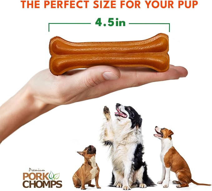 Pork Chomps Rawhide Free Pork Skin Dog Chew Bone, 4.5in, 2ct | Roasted, pressed pork skin chew. Long-lasting, high protein, low fat, healthy & delicious.