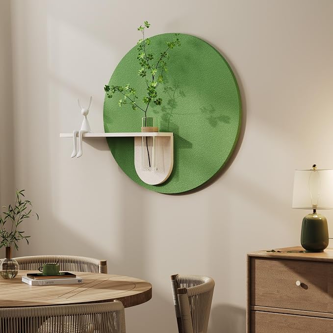 3D Sage Green Round Wall Art Decor with Shelf, Minimalist Green Sandstone Textured Artwork for Walls, Aesthetic Circle Wall Decor for Living Room, Hallway, Dining Room, Bedroom, Office, 24x24 Inch