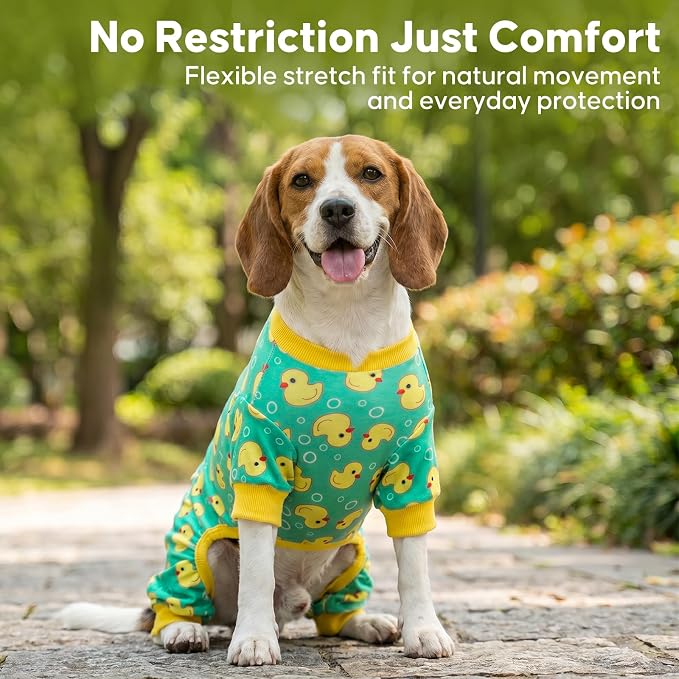 KYEESE Velvet Dog Pajamas for Small Dogs Soft Onesie Shirt, Yellow Duck | 4-Way Stretch, Lightweight & Breathable, Reduces Shedding, Gentle on Sensitive Skin, Recovery Support, Easy Potty Breaks
